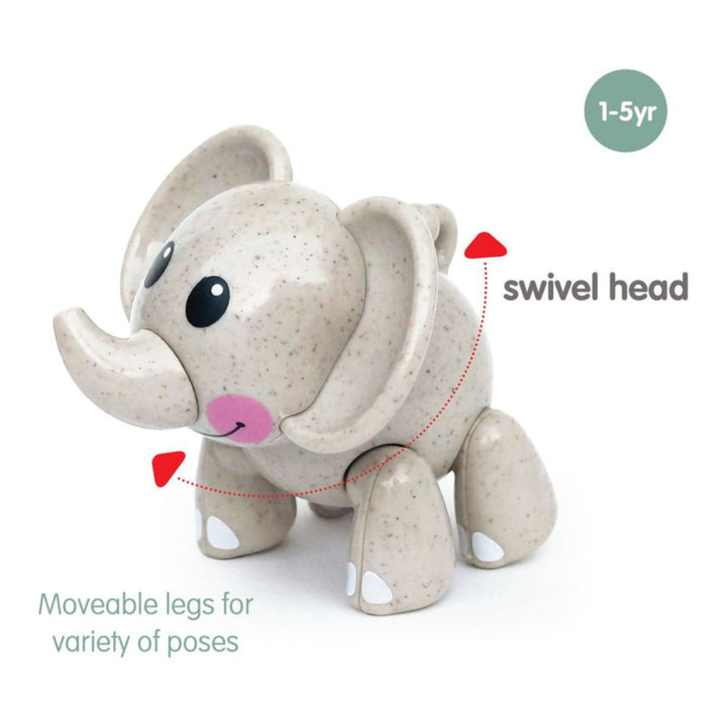 Grey elephant toy figure for children aged 1–5 years, featuring a swivelling head, movable legs for different poses, large ears and a curved trunk.
