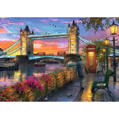 Completed Tower Bridge at Sunset jigsaw with twin Gothic towers and sunset light reflecting off the Thames