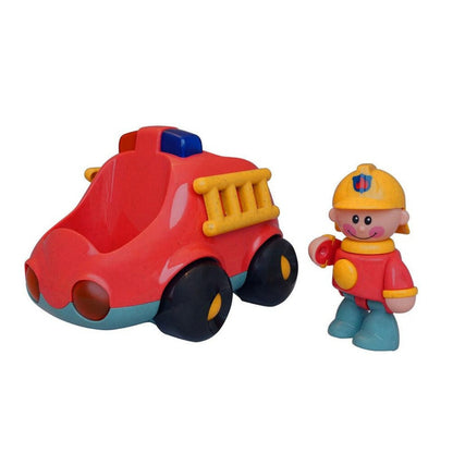 Red toy fire engine with yellow ladder and black wheels, displayed beside its removable firefighter figure wearing a yellow helmet and red uniform.