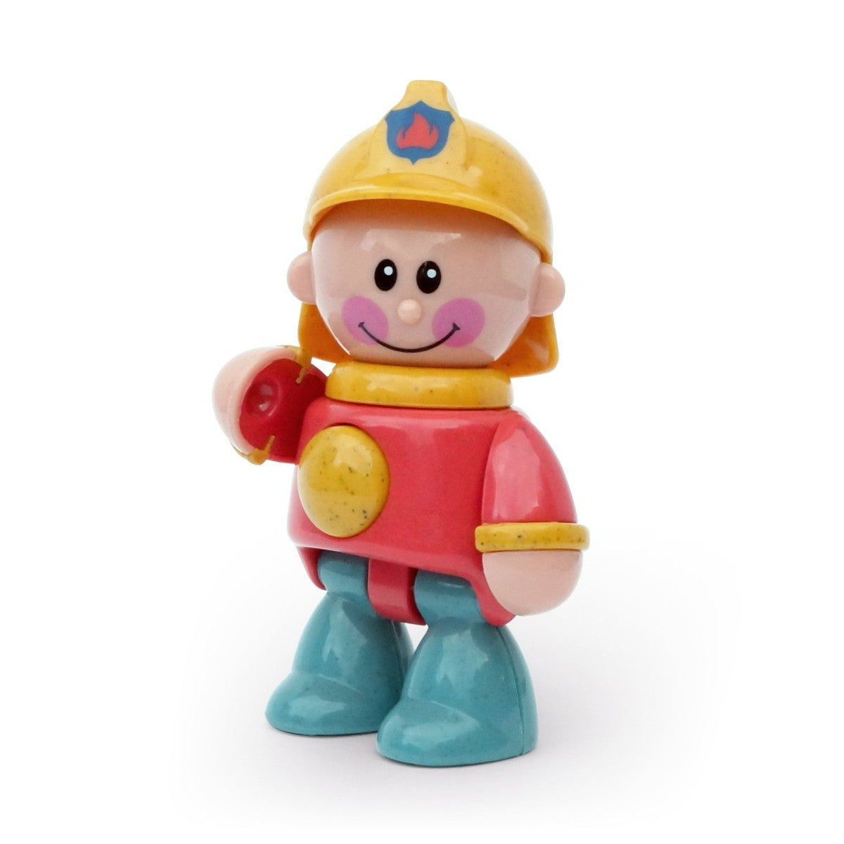 Smiling toy firefighter figure wearing a yellow fire helmet, red jacket and blue boots