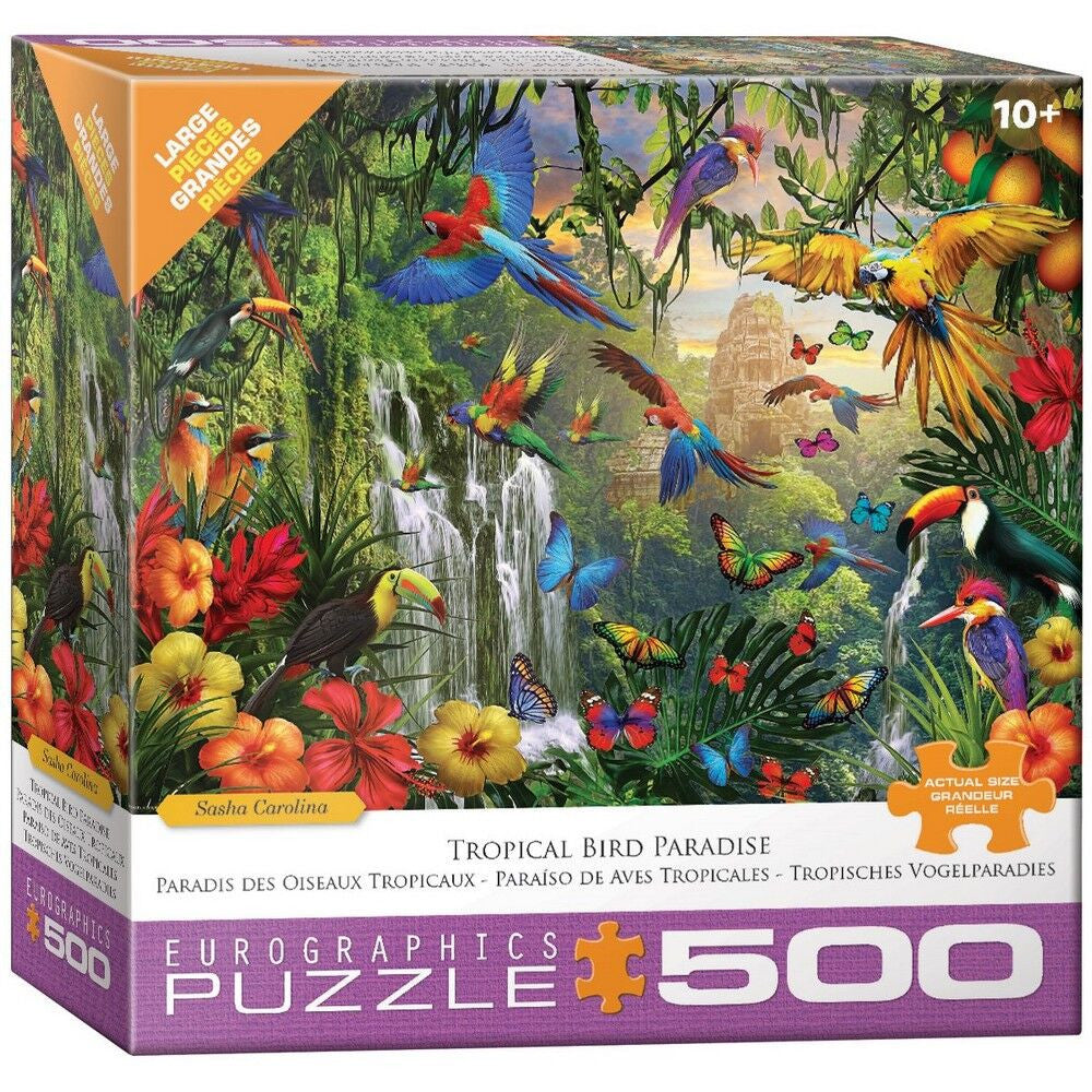 Tropical Bird Paradise 500 piece large-piece puzzle with parrots butterflies and rainforest scene by Eurographics