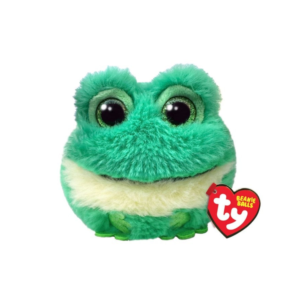 A green plush frog toy with large black eyes and a white underbelly, shown on a plain white background with a red Ty Beanie Ball brand tag attached.