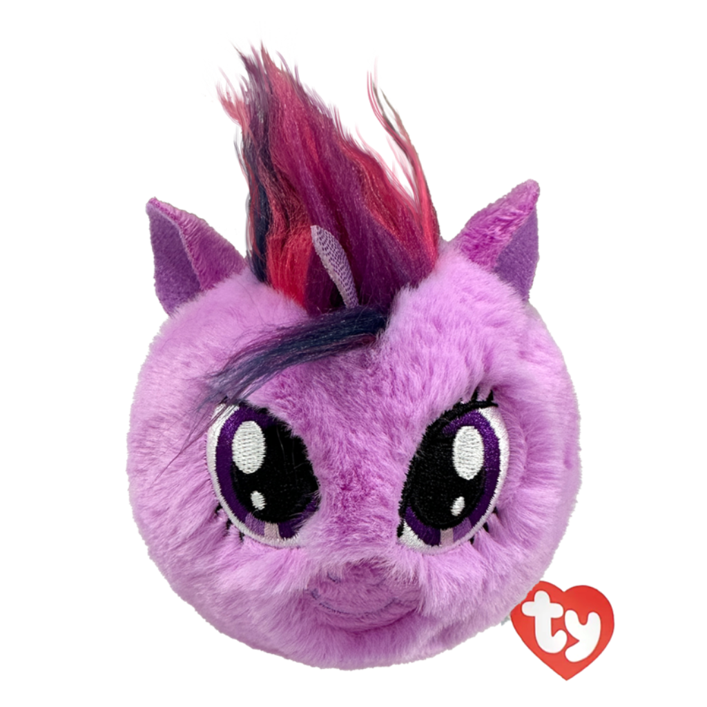 TY Twilight Sparkle Beanie Bouncer - My Little Pony 10cm Ball. Purple plush toy ball with a mohawk on a white background, featuring the Ty logo.