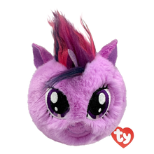 TY Twilight Sparkle Beanie Bouncer - My Little Pony 10cm Ball. Purple plush toy ball with a mohawk on a white background, featuring the Ty logo.