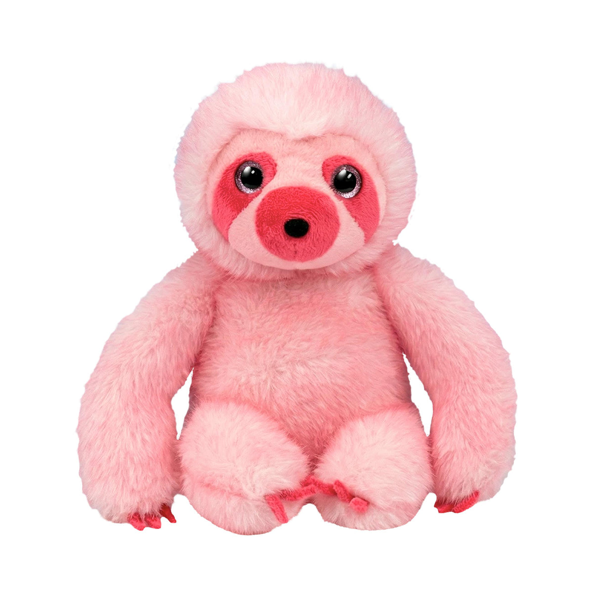 A pink sloth plush toy with a fluffy texture, large black eyes, and a pink snout, sitting against a plain white background.