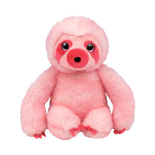A pink sloth plush toy with a fluffy texture, large black eyes, and a pink snout, sitting against a plain white background.
