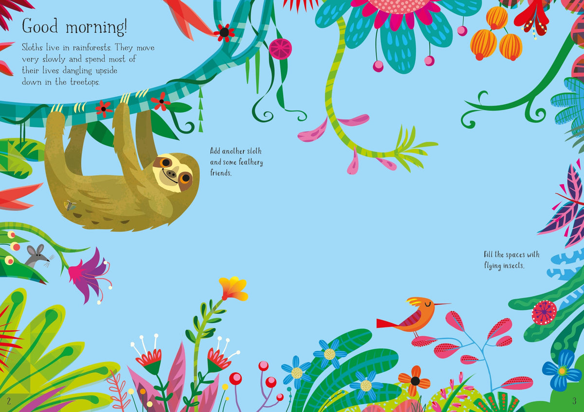 Inside Usborne Sloths & Their Jungle Friends showing a sloth rainforest sticker activity