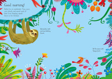 Inside Usborne Sloths & Their Jungle Friends showing a sloth rainforest sticker activity