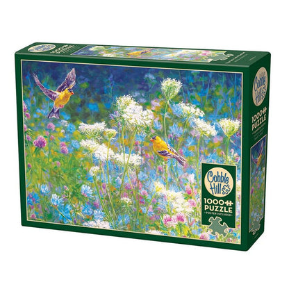 Visiting the Meadow 1000 piece puzzle with birds and wildflowers in colourful nature scene by Cobble Hill
