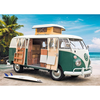 Completed Volkswagen T1 camper van jigsaw puzzle showing the retro van's rounded nose and two-tone paintwork