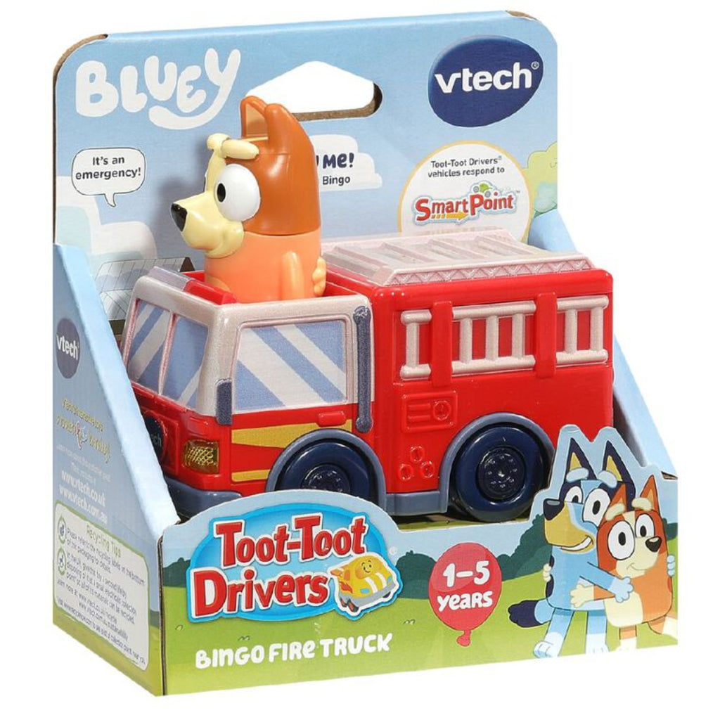 VTech Bluey Bingo Fire Truck toy showing interactive lights sounds and character features