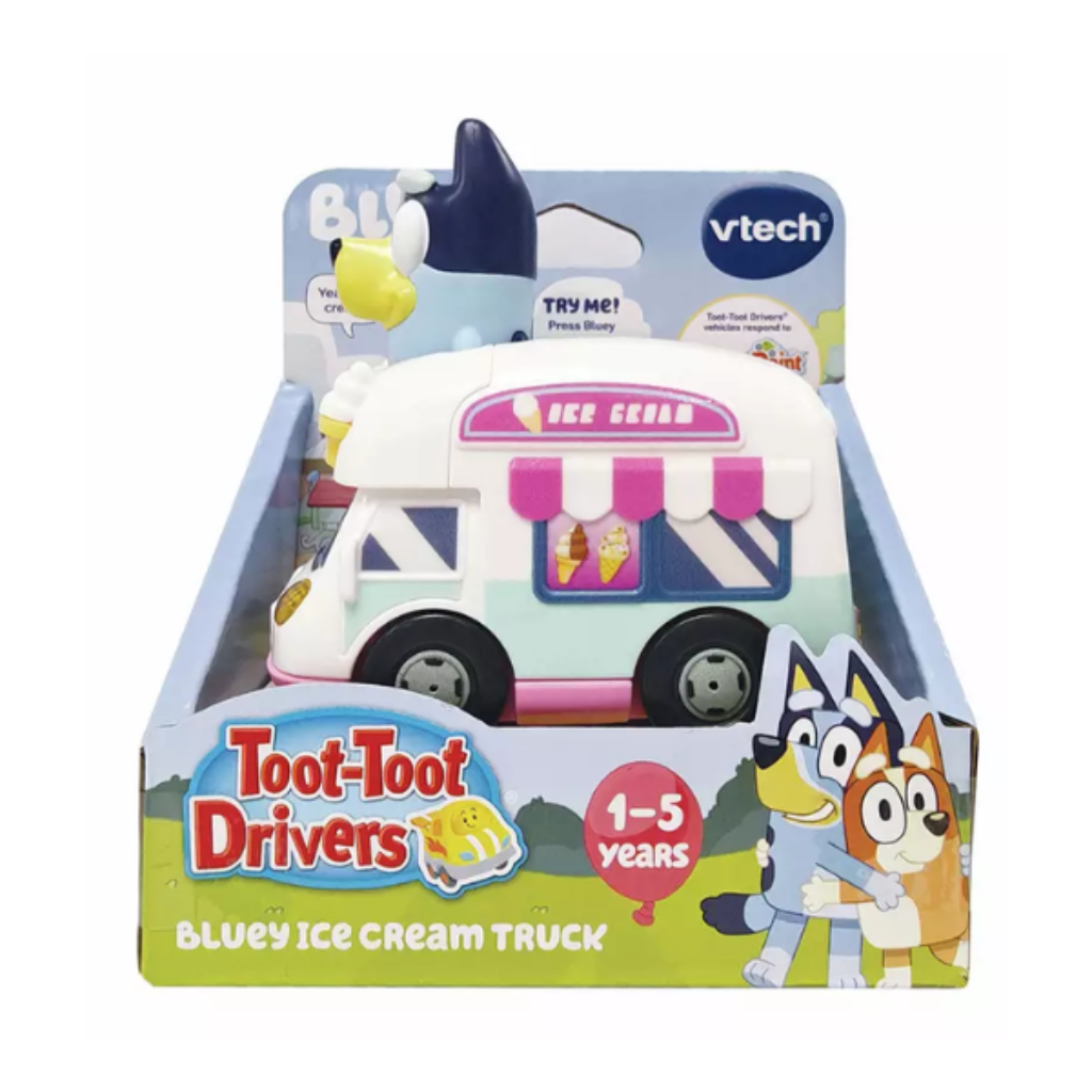 VTech Bluey Ice Cream Truck toy with lights sounds songs and interactive play features in box