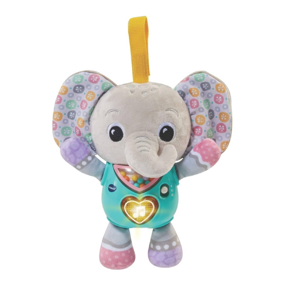 VTech Cuddle & Sing Elephant soft baby toy with plush grey body and light-up detail on a white background