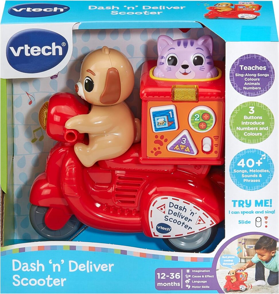 Dash 'n' Deliver Scooter packaging showing the toddler toy artwork and 12 to 36 months age guidance