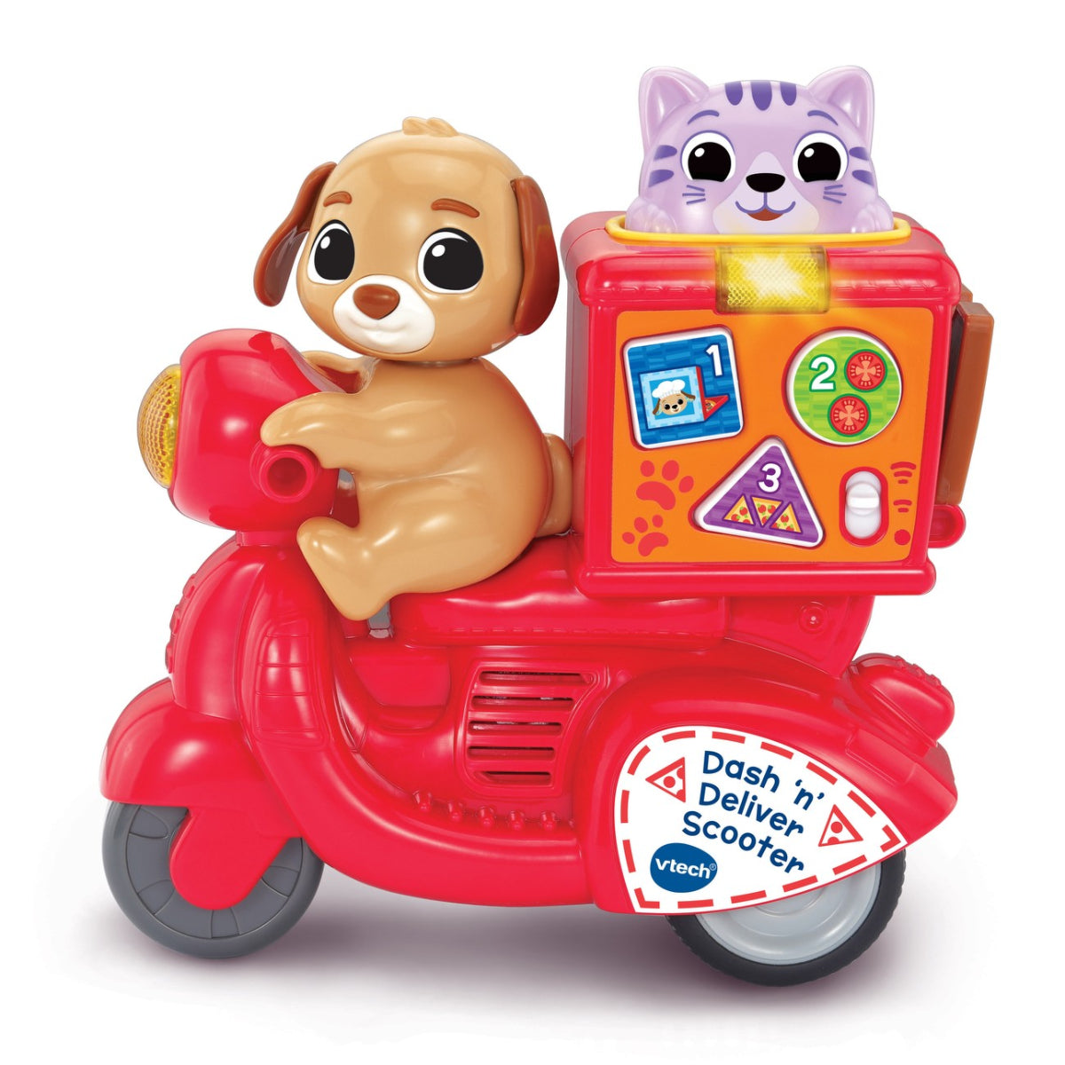 VTech Dash n Deliver Scooter interactive toddler toy with Puppy and Kitty pizza delivery characters