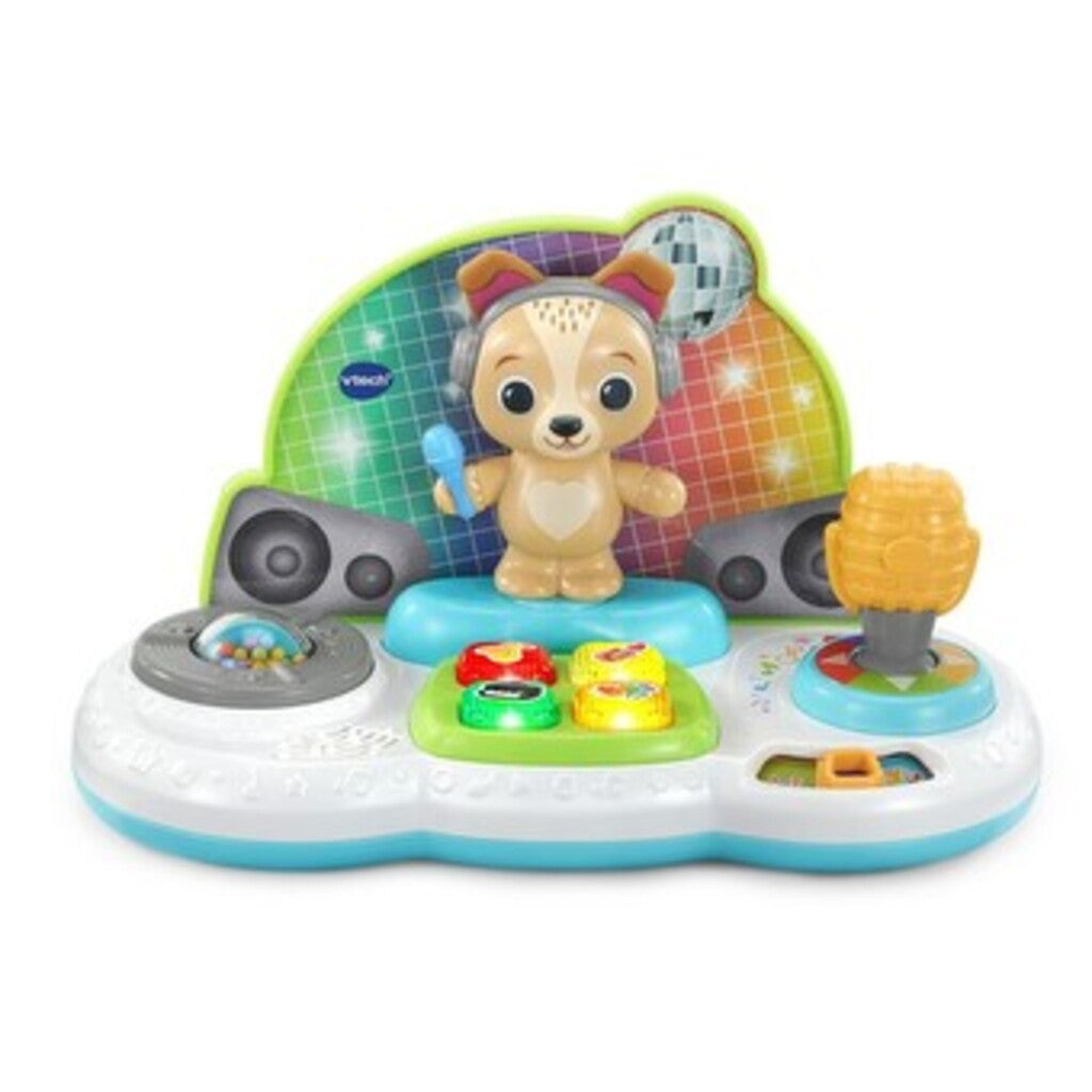VTech DJ Jams Puppy musical baby toy with light-up DJ deck and turntable shown on a white background