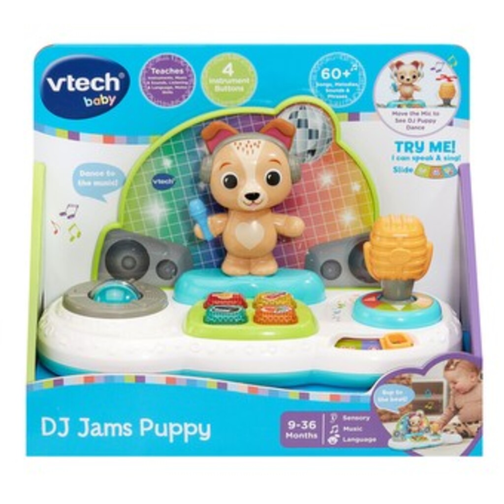 Close-up of the DJ Jams Puppy turntable, buttons and light-up panel that trigger songs and sound effects