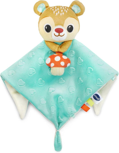 Close-up of the Forest Pals characters showing crinkle textures, rattle detail and stitched features