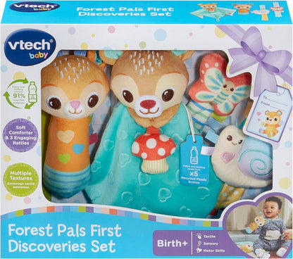 Forest Pals sensory toys clipped onto a pram bar with the rattle and crinkle pieces within reach