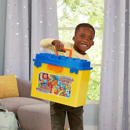 Two children building a Marble Rush marble run together at a table using the stackable track pieces