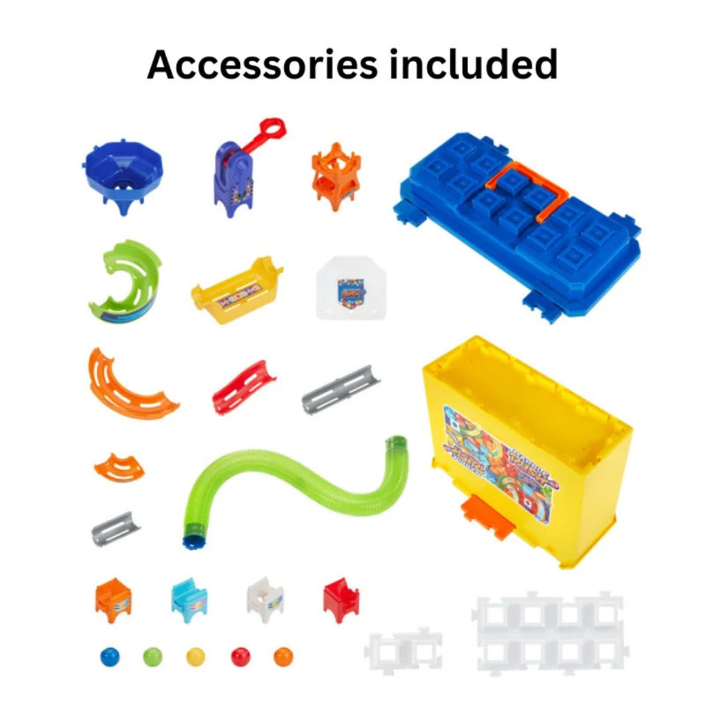 Children building a VTech Marble Rush marble run with colourful track pieces