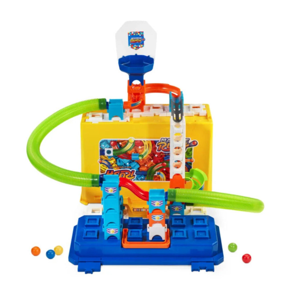 Marble Rush stackable box set viewed from the side with the track built to full height on white