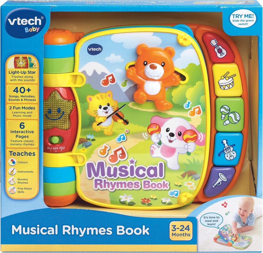 Close-up of the Musical Rhymes Book light-up buttons and illustrated nursery rhyme page detail