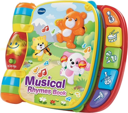 VTech Musical Rhymes Book baby nursery rhyme book open to an illustrated page on a white background