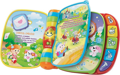 Baby sitting on a parent's lap turning the pages of the VTech Musical Rhymes Book