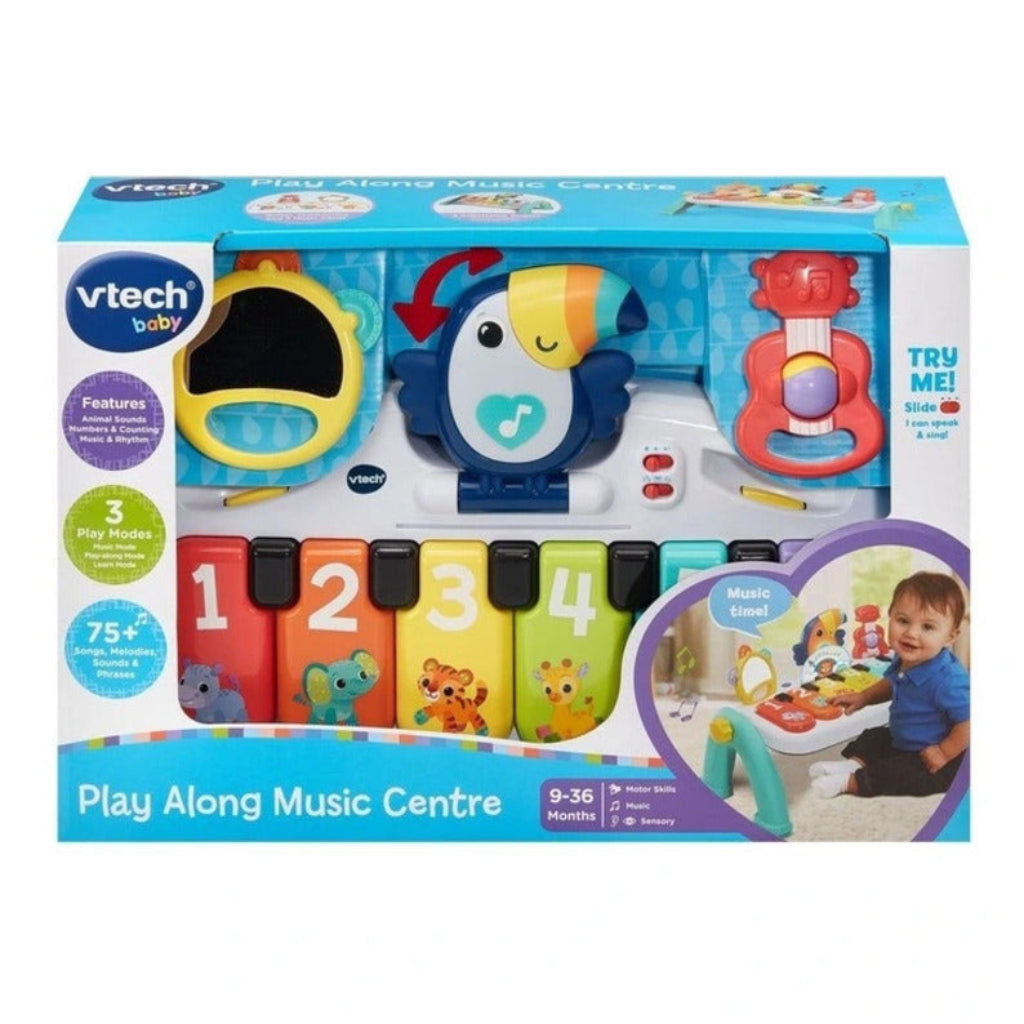 VTech Play Along Music Centre toy packaging for babies aged 9 to 36 months