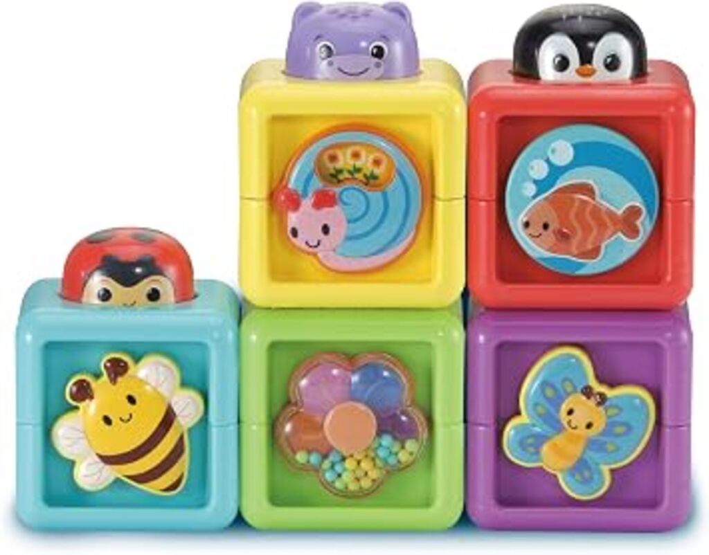 VTech Baby Pop-a-Blocks set of 5 stacking activity blocks with pop-up characters on a white background