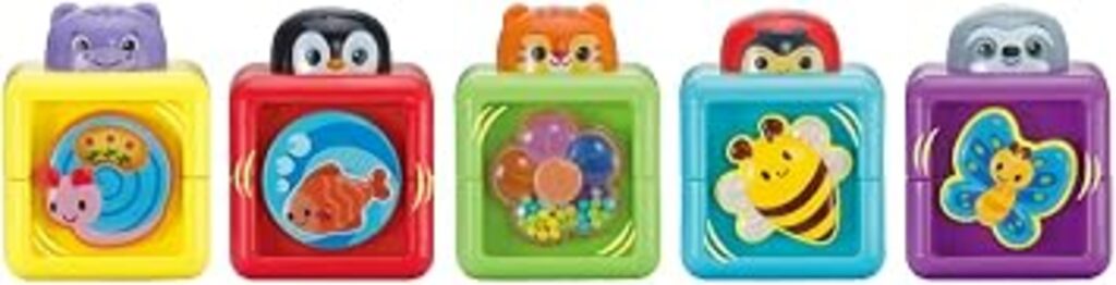 All five Pop-a-Blocks arranged in a row showing the different colours, animals and printed numbers