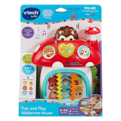 VTech Pop and Play Mushroom House packaging for interactive baby learning toy 9 months plus