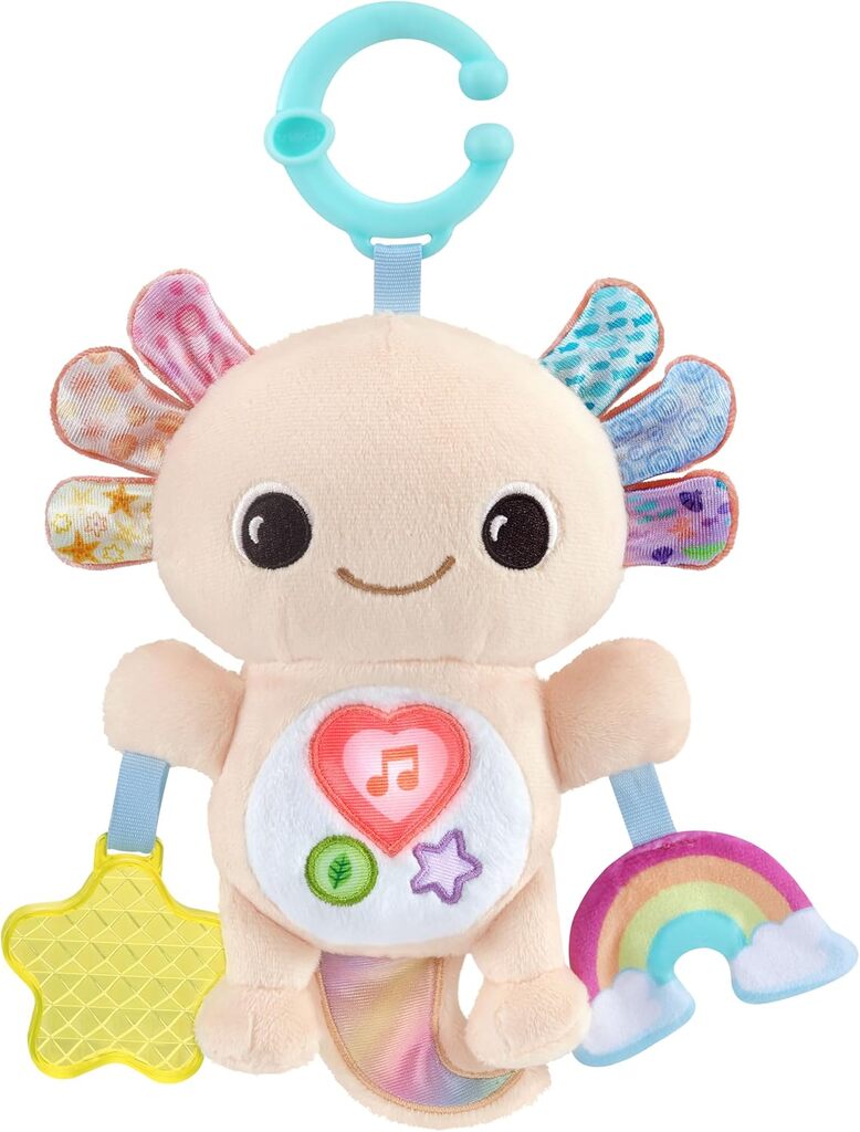 VTech Rainbow Lights Axolotl sensory baby toy with soft pink body and colour-changing lights on white