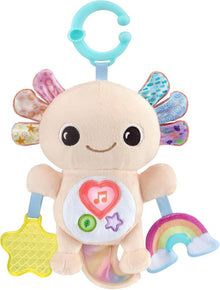 VTech Rainbow Lights Axolotl sensory baby toy with soft pink body and colour-changing lights on white