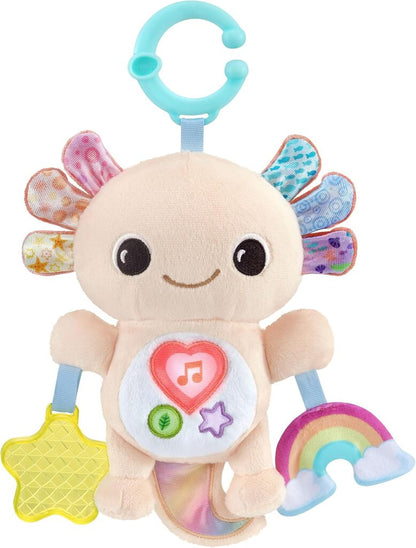 VTech Rainbow Lights Axolotl sensory baby toy with soft pink body and colour-changing lights on white