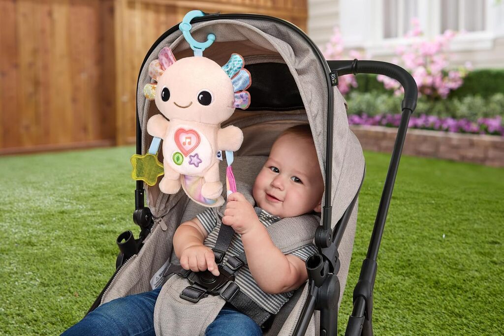 Rainbow Lights Axolotl packaging showing the sensory baby toy artwork and 3 months age recommendation