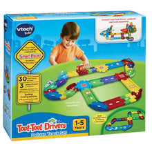 Vtech Toot-Toot Drivers Deluxe Track Set packaging with a child playing with the set.