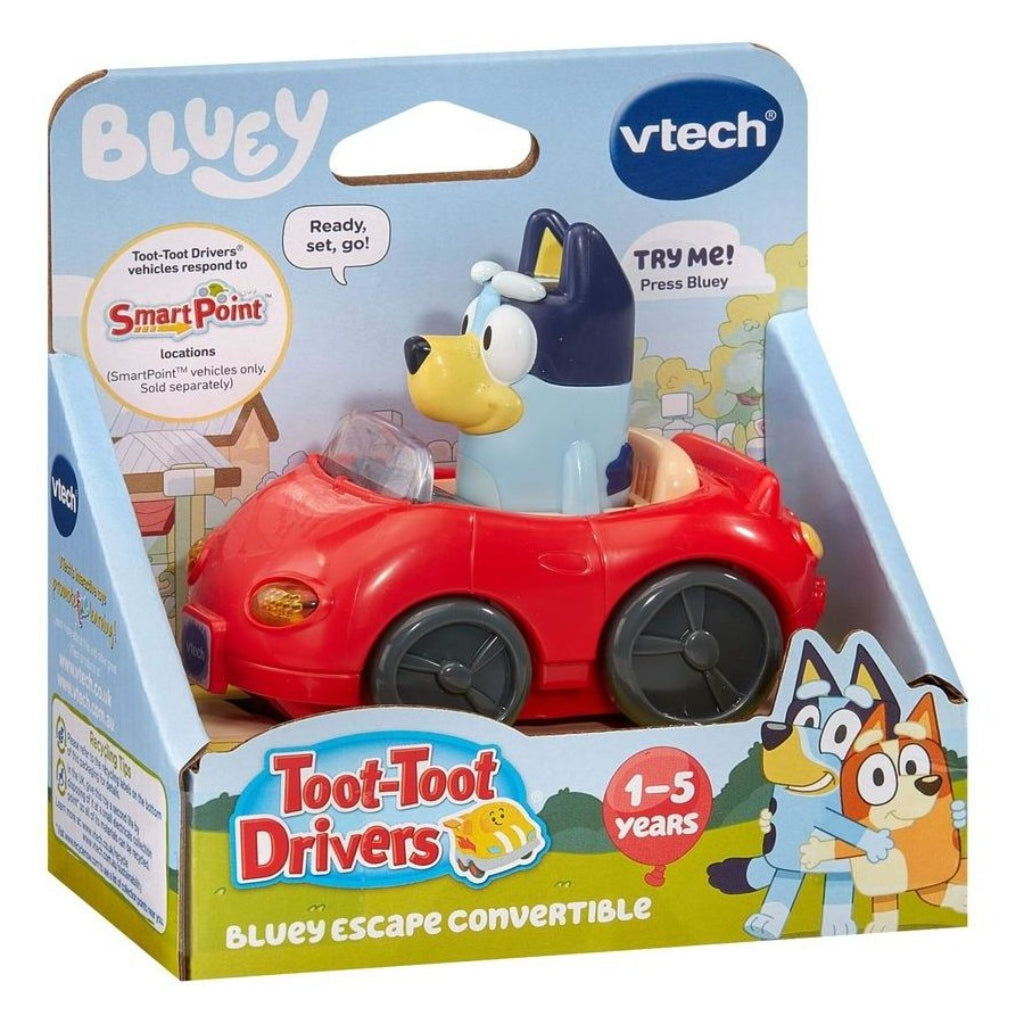 VTech Toot-Toot Drivers Bluey Escape Convertible interactive toy car featuring Bluey with packaging