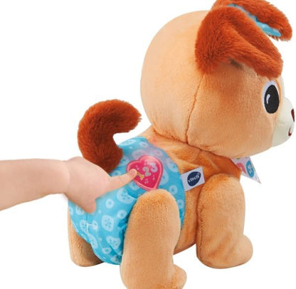 Close-up of the Walk & Wag Puppy face, collar buttons and tail showing the soft plush texture