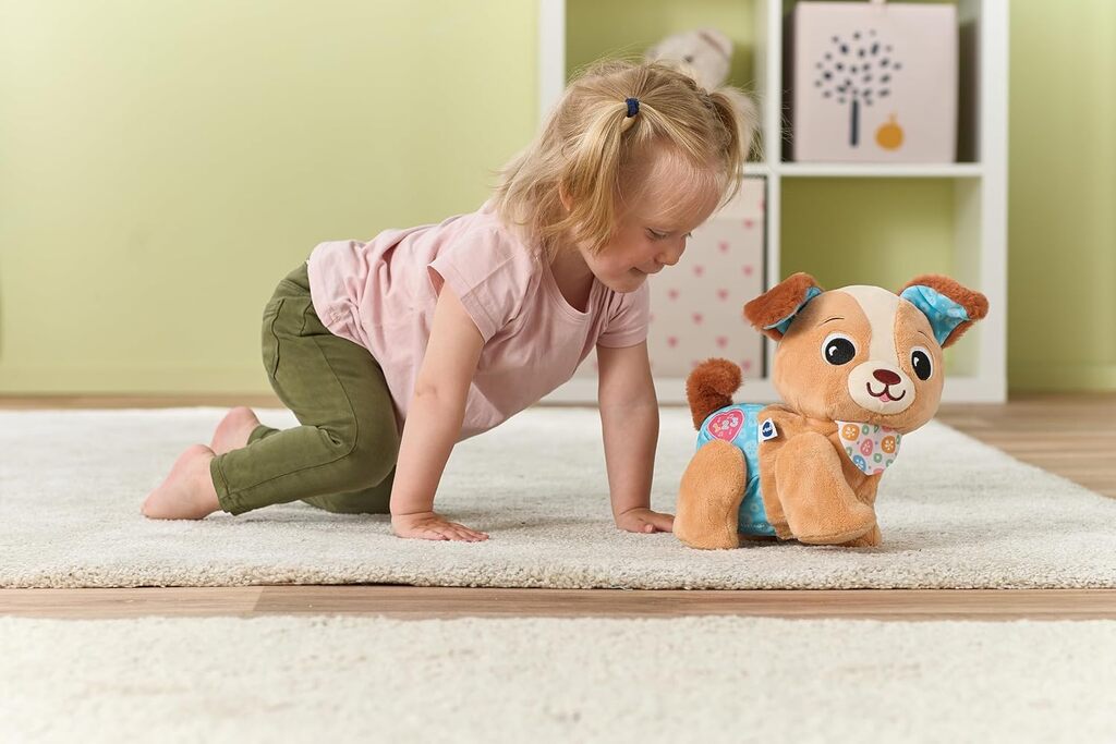 Walk and Wag Puppy viewed from the side showing the plush body, hidden wheels and wagging tail