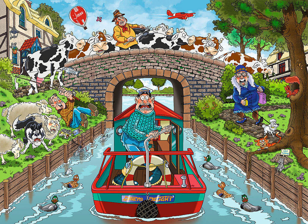 Calm On The Canal Wasgij artwork detail with narrowboats and characters reacting to something off-frame