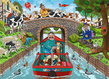 Calm On The Canal Wasgij artwork detail with narrowboats and characters reacting to something off-frame