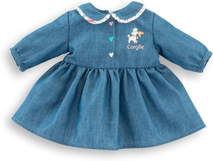 Weekend in Paris dress for 30cm Mon Premier Corolle baby doll with denim-look fabric and floral collar