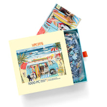 WerkShoppe Doggie Surf School 1000-piece jigsaw puzzle with illustrated dogs, a blue campervan, colourful surfboards and beach scene, shown with puzzle pieces and reference poster.
