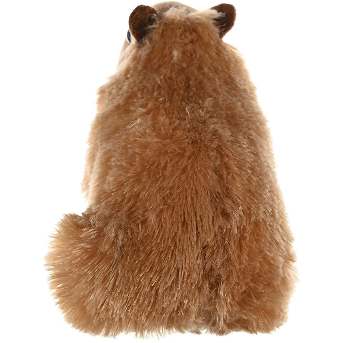 Plush toy showing back of a brown furry animal with a white background
