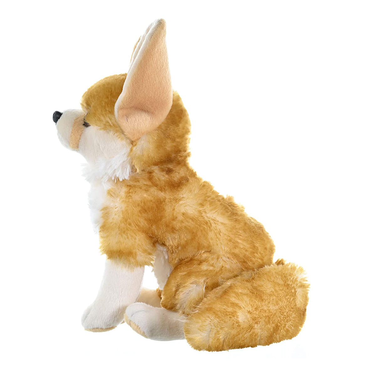 Small fennec fox plush toy sitting on a white background