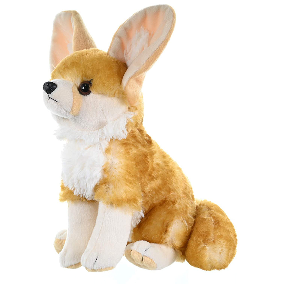 A plush fennec fox with large ears, resembling a corgi, in tan and white fur, sitting against a solid white background.