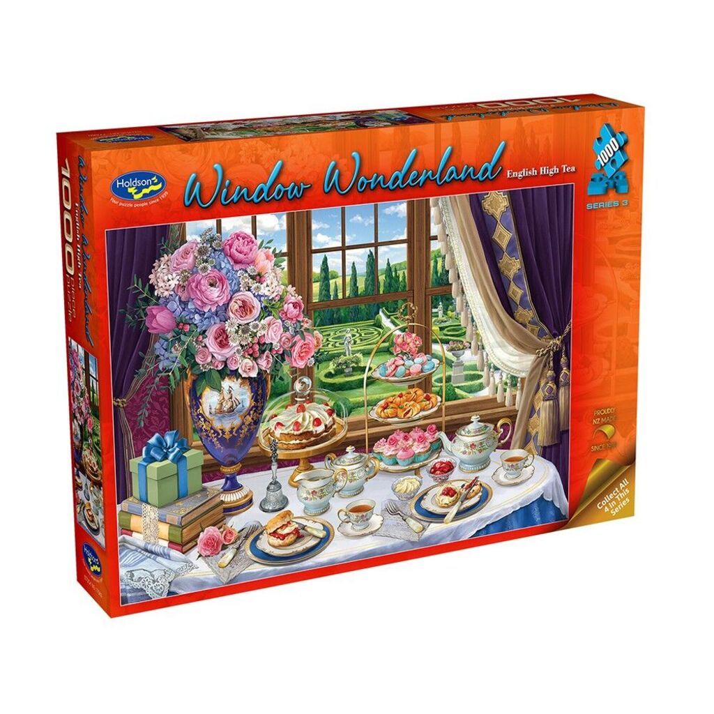 Holdson Window Wonderland English High Tea 1000 piece jigsaw puzzle box with an afternoon tea window