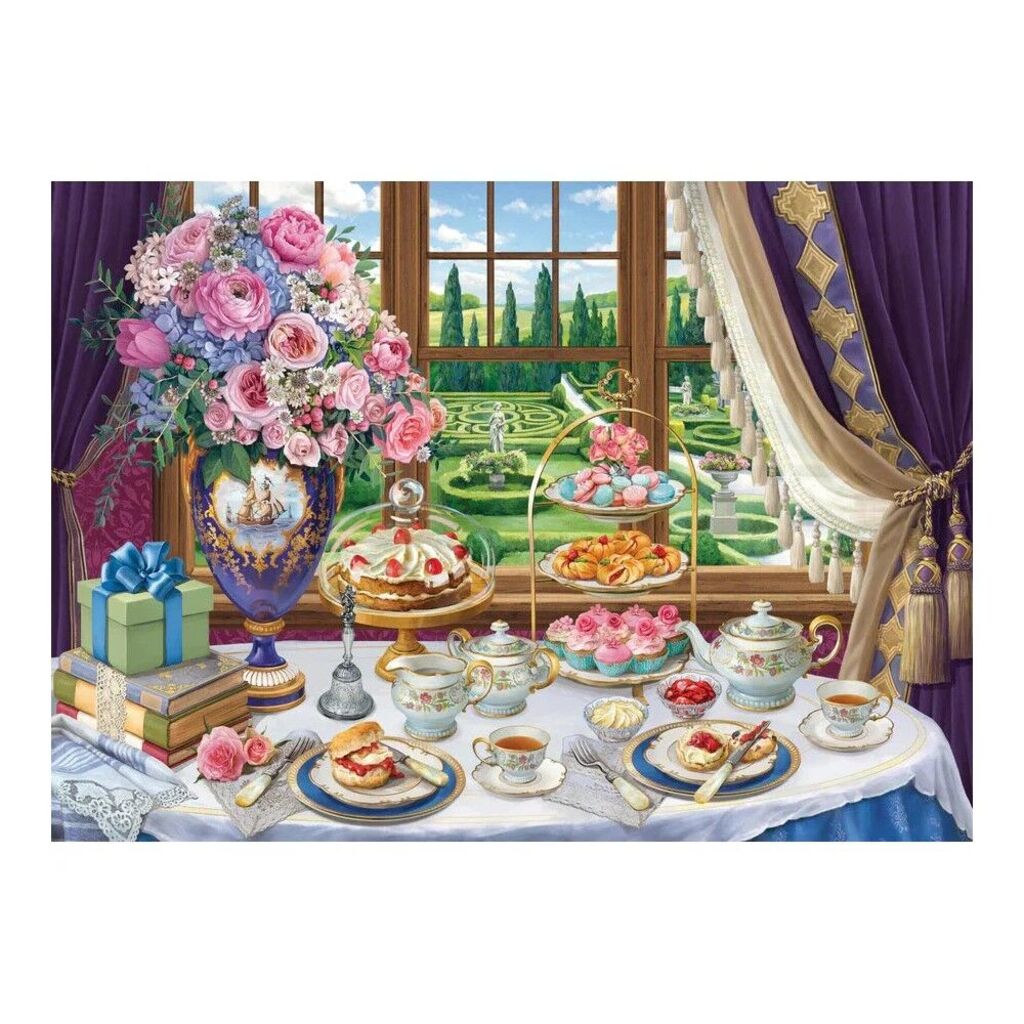 English High Tea artwork detail showing patterned china and a tiered cake stand on a sunlit windowsill